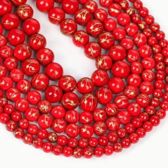 Red Golden Thread Turquoise Beads  15" Strand. - Picture 2 of 2